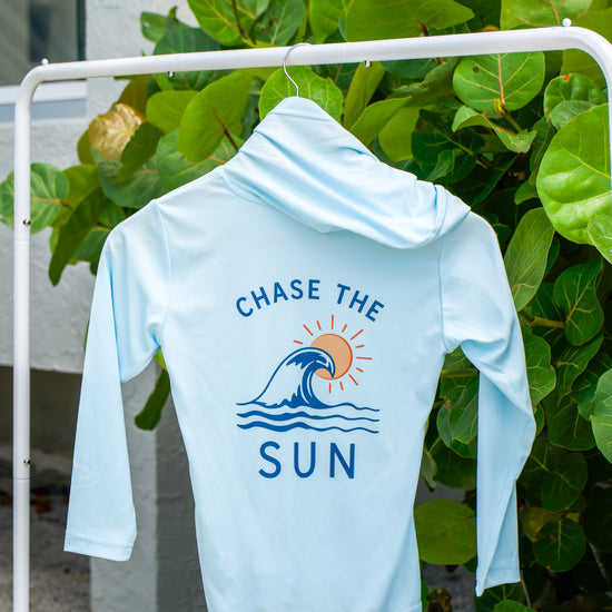 Back view of the Youth Sun SRQutie SPF Hooded Tee
