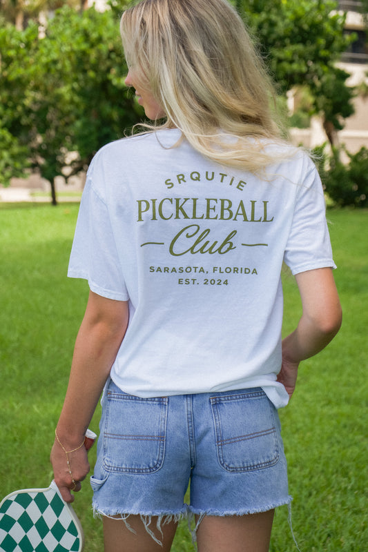 Lifestyle photo of the women's Pickleball Club SRQutie Tee
