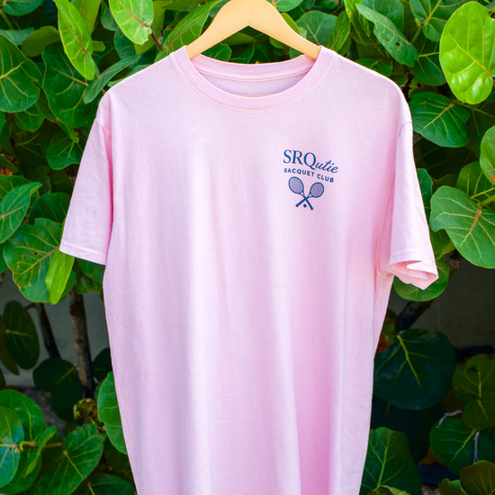 The women's Racquet Club SRQutie Tee in Cherry Blossom