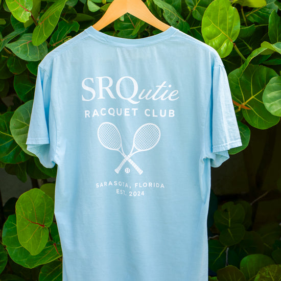 The women's Racquet Club SRQutie Tee in Glacier