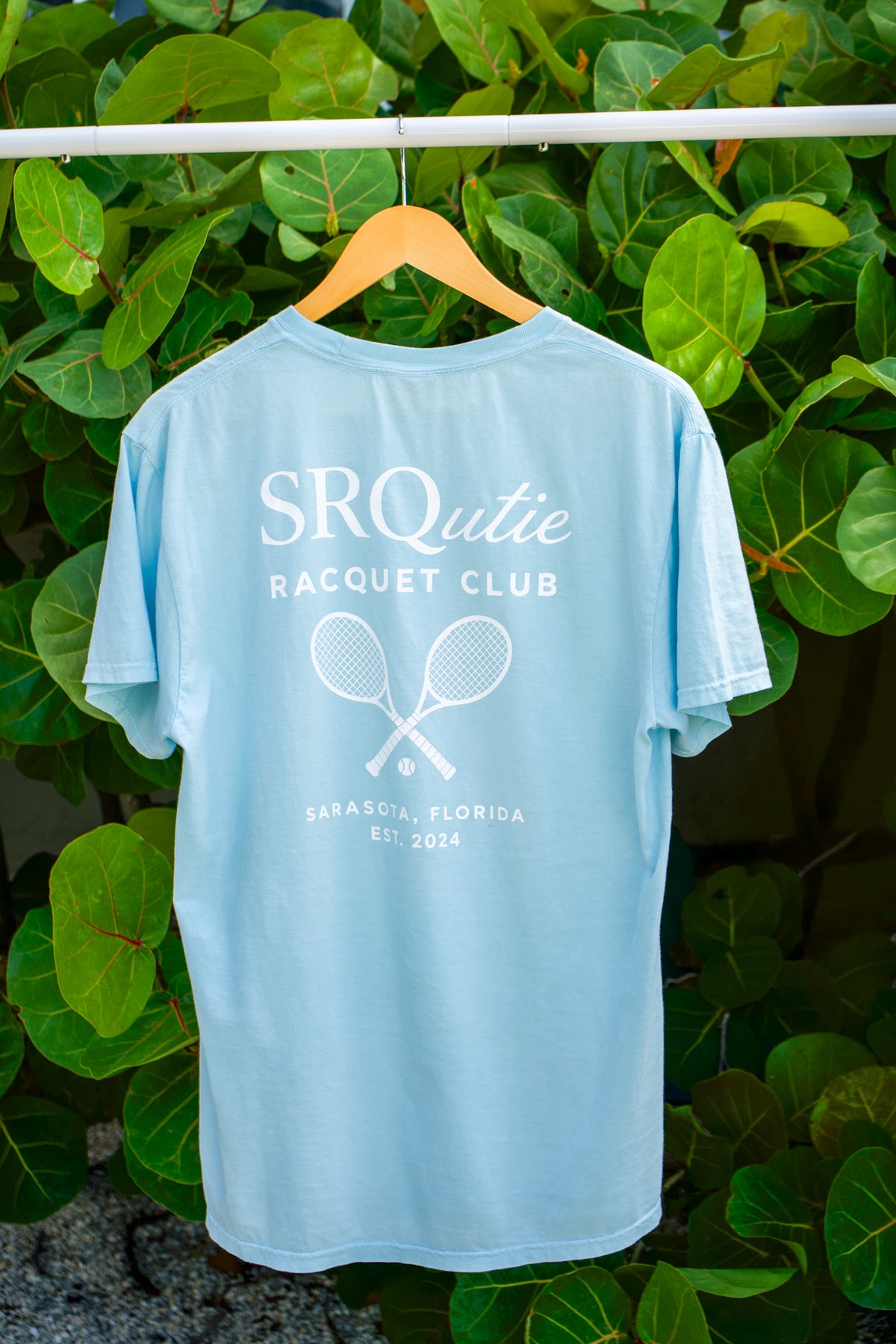 The women's Racquet Club SRQutie Tee in Glacier
