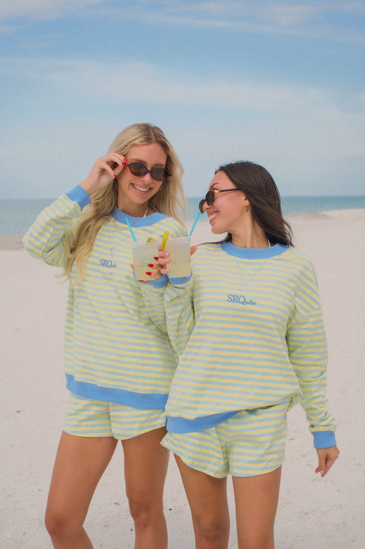 Lifestyle photo of the women's SRQutie Striped Short Set